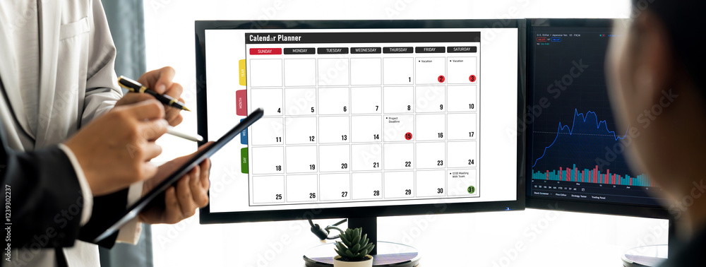 Poster calendar on computer software application for brisk schedule planning for personal organizer and onl
