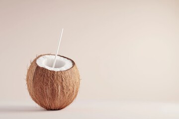 A realistic 3D rendering of a fresh coconut with a straw, placed on a white background, symbolizing tropical refreshment and exotic flavors
