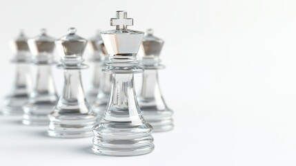 A stunning 3D-rendered glass chess set with reflective surfaces, set on a pure white background, representing intelligence and strategy