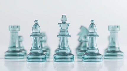 A stunning 3D-rendered glass chess set with reflective surfaces, set on a pure white background, representing intelligence and strategy