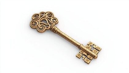 A surreal 3D depiction of a floating golden key with an intricate antique design, casting a soft shadow on a bright white background, symbolizing mystery and opportunity