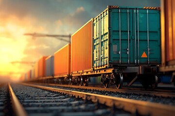 Obraz premium Intricately detailed close up of intermodal freight containers stacked high atop a moving locomotive their weathered steel surfaces reflecting the dappled sunlight