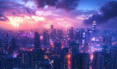 Obraz premium Vibrant Cityscape at Dusk with Colorful Fireworks Illuminating Skyscrapers Against a Beautiful Sky in a Modern Metropolis