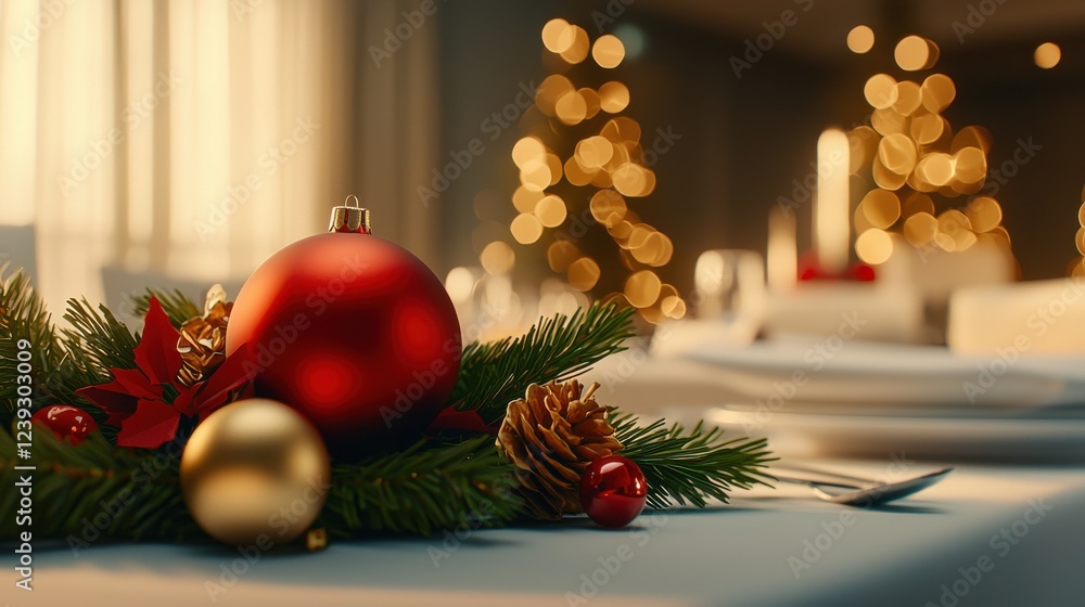 Wall mural Elegant holiday decorations on dining table softly lit room eye-level view festive atmosphere seasonal content