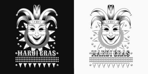 Mardi Gras themed label. Black and white emblem with carnival comedy face mask in jester harlequin hat, beads, text. Vintage holiday composition.
