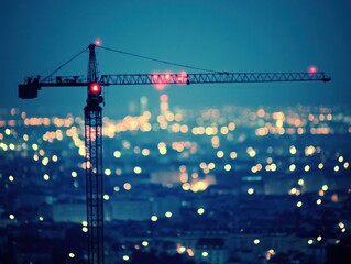 A towering crane stands against a dark sky, overseeing a bustling city filled with bright lights
