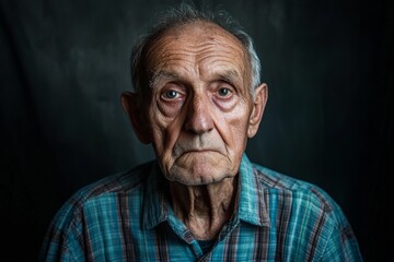 Obraz premium Elderly man with deep expression wearing a plaid shirt poses against a dark background in an intimate portrait