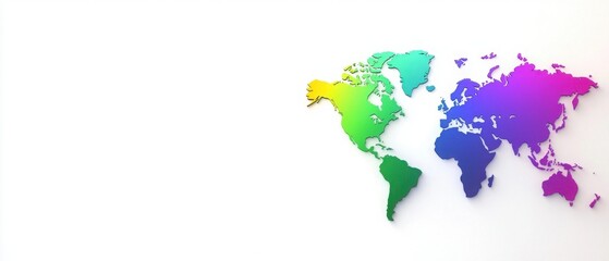 Obraz premium A vibrant, colorful world map rendered in a rainbow gradient against a clean white background. Perfect for illustrating global connectivity, diversity, or travel.