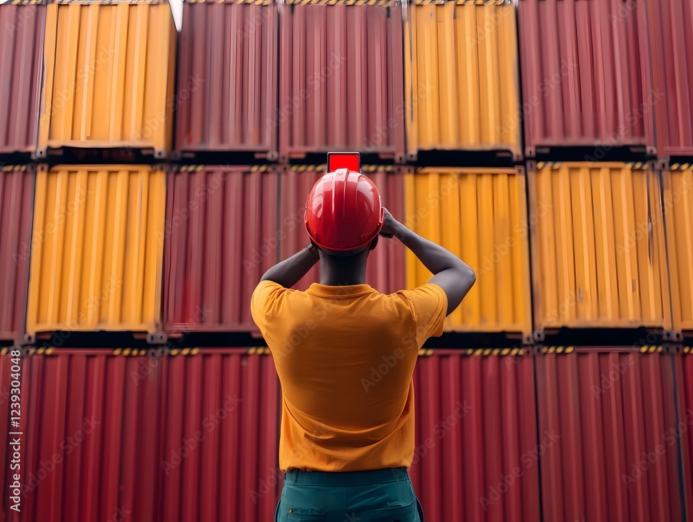 Poster logistics worker in utilitarian workwear meticulously scanning barcodes on rows of stacked shipping 