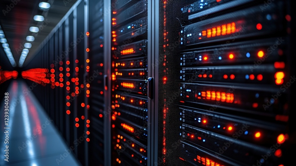 Poster high-tech server room filled with illuminated data storage units, showcasing network activity