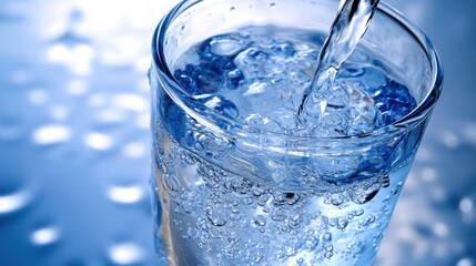 Refreshing water is being poured into a glass filled with ice, creating bubbles and a cool ambiance