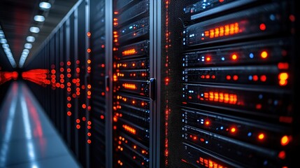 High-tech server room filled with illuminated data storage units, showcasing network activity