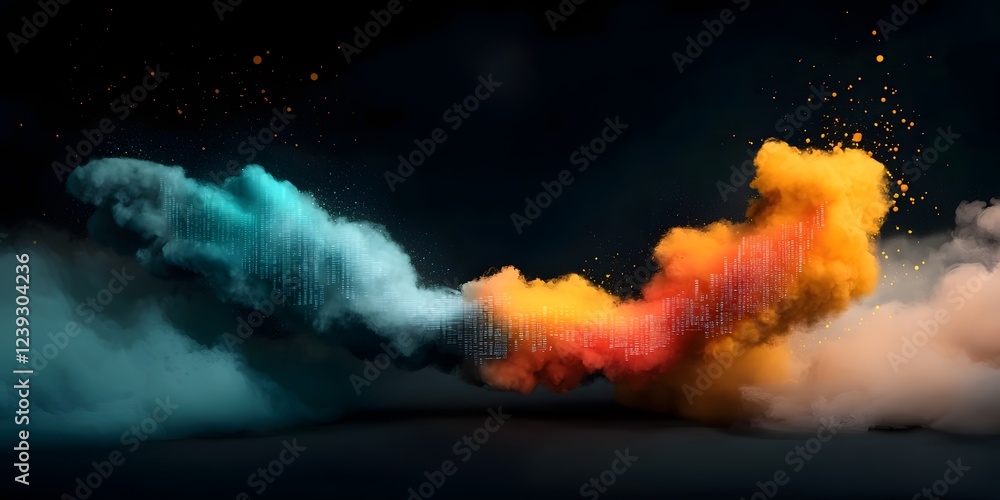 Poster luminescent currents of digital code and data converging on a darkened void visualizing the complex 