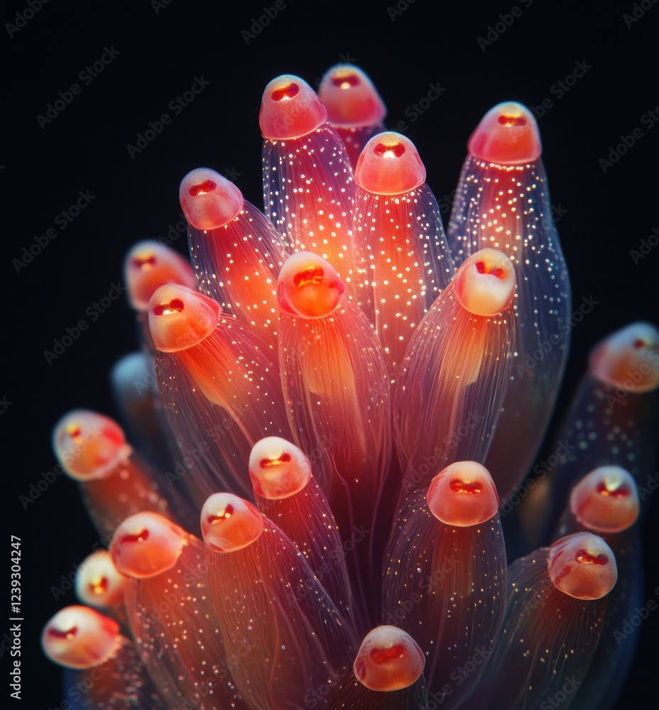 Poster vibrant coral polyps with luminescent tips in deep sea habitat displaying intricate patterns and glo