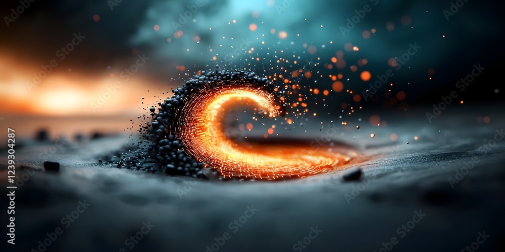 Poster luminescent currents of digital code and data converging on a darkened void visualizing the complex 