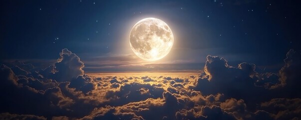 Obraz premium A luminous full moon glows brightly above a sea of clouds under a starry night sky, creating a serene and magical atmosphere.
