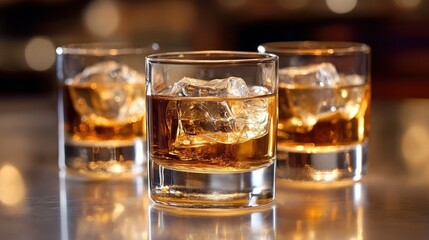 Three glasses filled with whiskey and ice on a bar counter, illuminated by warm ambient light