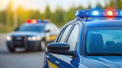 Police cars with flashing lights responding to an incident in a suburban neighborhood during daytime