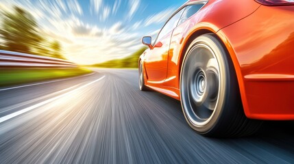 An orange sports car speeds along a winding road as the sun sets, creating a vibrant sky and blurred scenery
