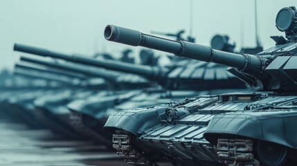 Rows of military tanks stand ready at an exhibition, showcasing their formidable armor and weaponry