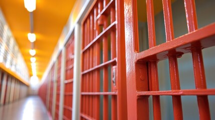 Brightly lit corridor features red barred cells with an empty pathway separating them