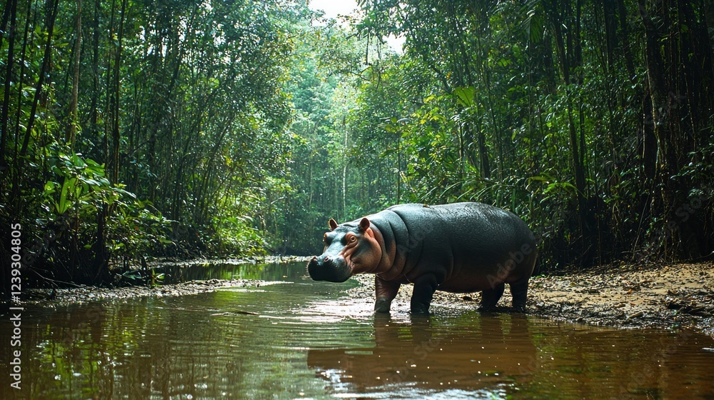 Poster a pygmy hippopotamus steps cautiously along the muddy bank of a serene stream, surrounded by vibrant