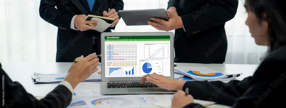 Poster spreadsheet document information financial startup concept. data and graphs in spreadsheet documents
