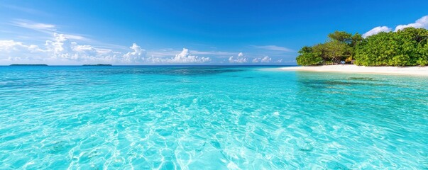 Fototapeta premium A serene tropical beach with clear turquoise waters, soft white sand, and lush greenery under a bright blue sky.