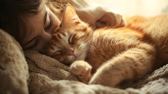 Young woman snuggles with her sleeping ginger cat under beige fluffy blanket. Heartwarming and peaceful moment of love and warmth on National Cuddle Day
