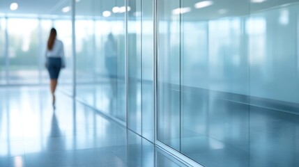 A business professional walks through a sleek, modern office corridor