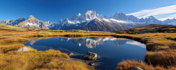 Naklejka premium A stunning landscape featuring majestic mountains, a serene lake reflecting the scenery, and vibrant autumn colors in the foreground.