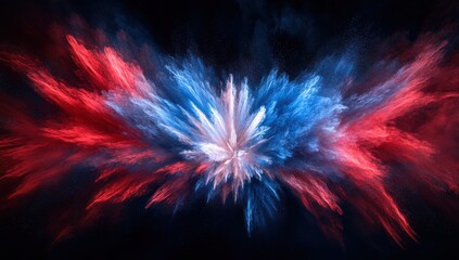 Vibrant Explosion of Red and Blue Powder with Dramatic Swirling Effects on a Black Background