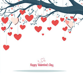 Happy Valentine Day card design featuring tree branch adorned with red and pink hearts. cheerful and romantic theme is perfect for celebrating love and affection