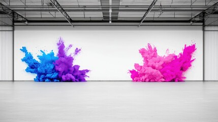 Colorful paint explosions in industrial warehouse
