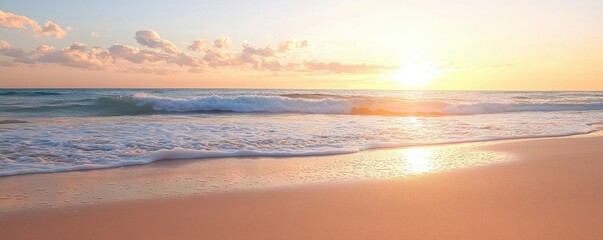 A serene beach at sunset, with gentle waves lapping the shore, reflecting warm colors of the sky and creating a tranquil atmosphere.
