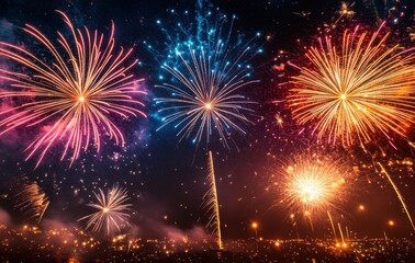 Vibrant Fireworks Display Illuminates Night Sky Over Cityscape with Bursts of Colorful Explosions and Sparkling Effects Celebrating Festive Occasions