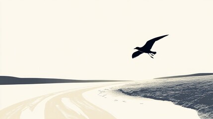 Naklejka premium Seagull flying over coastal landscape, serene winter scene, perfect for travel brochures