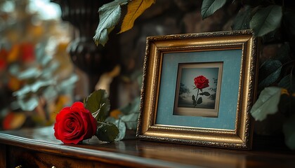 A serene still life of fond memories captured in a photograph frame, placed beside a single red rose, evoking a sense of nostalgia and affection.