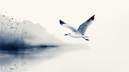 Seagull flying over misty mountains, calm sea; nature poster
