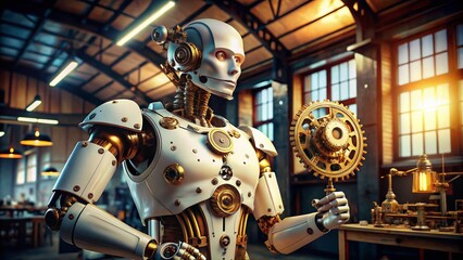 Vintage Robot: Retro Mechanical Arm, White Android, Steampunk AI, Futuristic Character