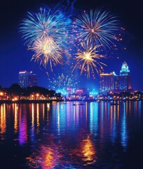 Vibrant Fireworks Display Over City Skyline with Reflections in Calm Water at Night Celebrating a Special Event or Festival