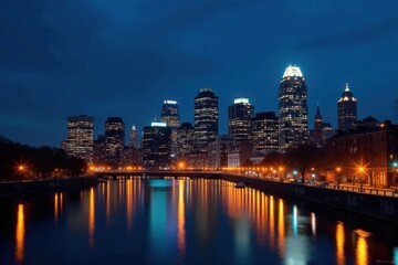 Obraz premium Night view of Philadelphia's illuminated cityscape, cityscape at night, steel, night photography