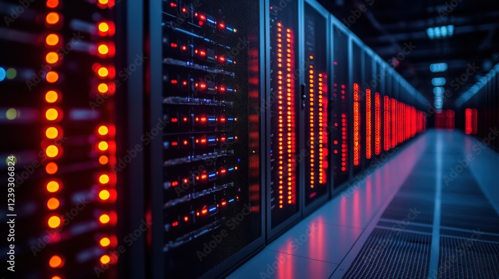 Poster high-tech server room with illuminated racks, showcasing data processing in a modern facility