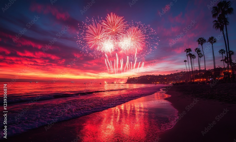 Poster vibrant fireworks display over serene beach at dusk with colorful sky and palm trees reflecting in c