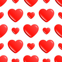 Seamless pattern with red hearts on a white background. Valentine's Day background with a lot of glossy hearts. 14th February poster with cute bubble hearts. Valentine card with candy like hearts