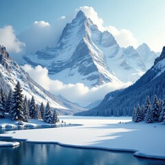 Majestic mountain peaks shrouded in a veil of white clouds and snowflakes, with frozen lakes in the foreground, snowy mountains, winter wonderland, frozen lakes