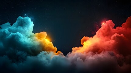 Fototapeta premium Mesmerizing Cosmic Nebula with Vibrant Glowing Clouds in Dark Galactic Space Captivating digital of a mystical galaxy nebula with colorful luminous cosmic clouds on the left and right sides