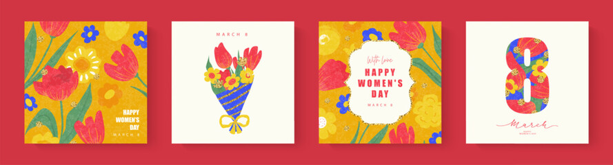 Happy Women's Day March 8. Set of colorful cards with flowers, butterflies and golden design elements. Vector illustration, spring holiday.