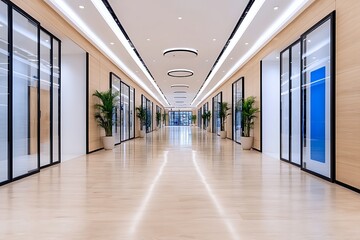 Naklejka premium Modern office corridor with glass partitions, wood paneling, and potted plants.