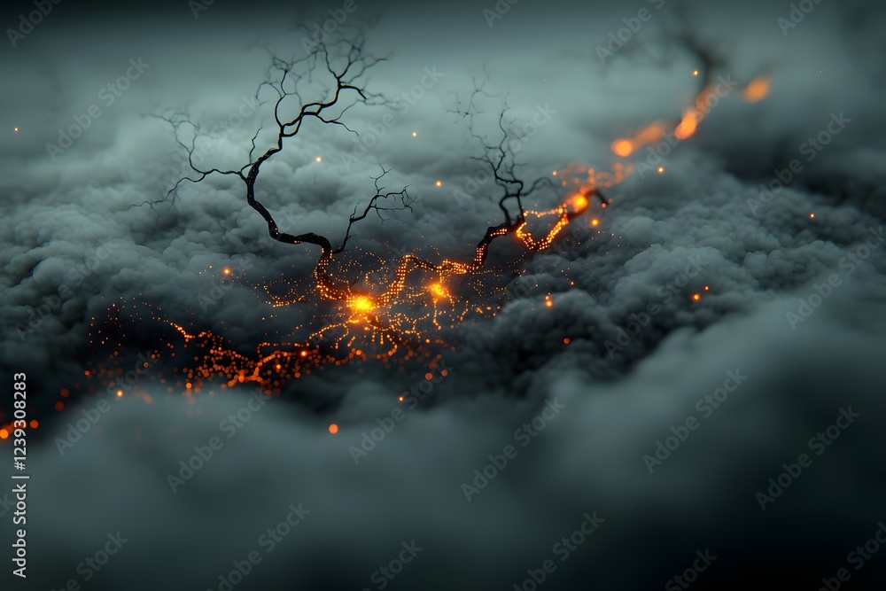 Poster mesmerizing digital painting depicting a raging storm of glowing code algorithms and digital energy 